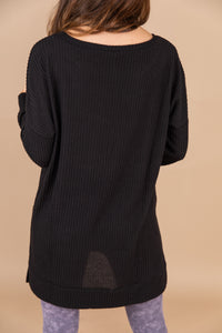 top, tunic, black top, waffle knit fabric, long sleeves, split sides, round neckline, high low hem, casual, waffle top