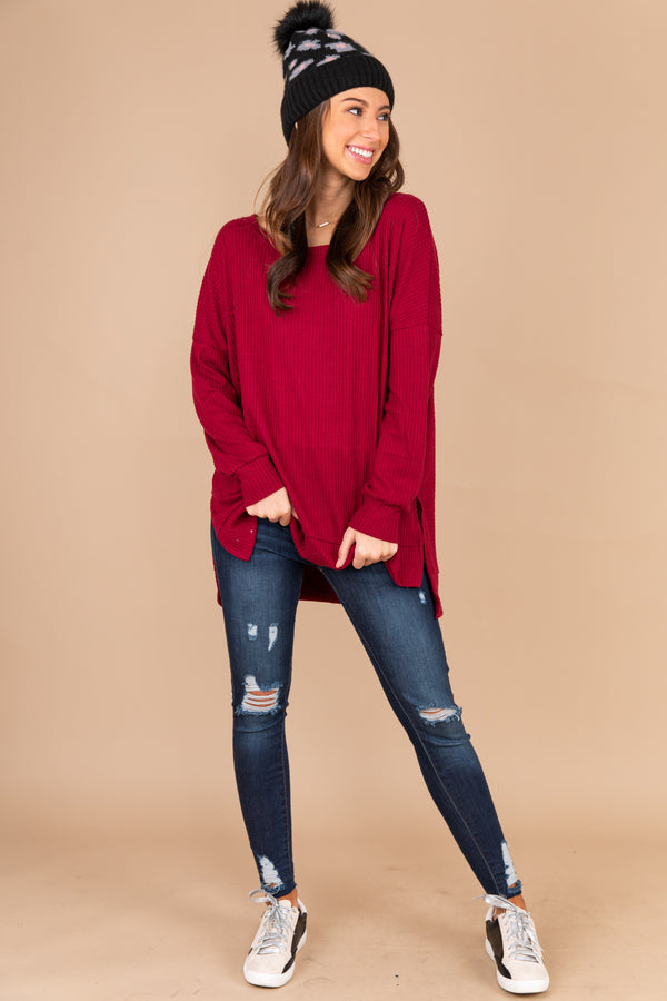 red top, red waffle top, top, waffle knit fabric, long sleeves, split sides, round neckline, high low hem, layer, casual