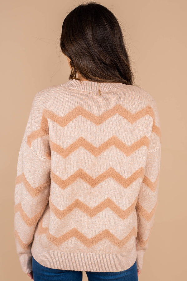 chevron print, taupe, brown, chevron sweater, sweater, classic fit, round neckline, long sleeves, knit fabric, chevron print, fall, winter