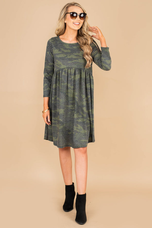 camo dress, dress, camo print, round neckline, 3/4 sleeves, ribbed fabric, comfy, classic dress, stretchy fabric 