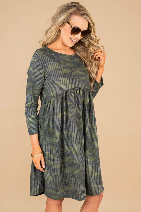 camo dress, dress, camo print, round neckline, 3/4 sleeves, ribbed fabric, comfy, classic dress, stretchy fabric 