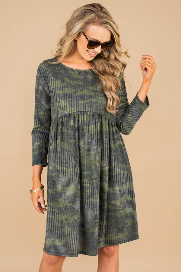 camo dress, dress, camo print, round neckline, 3/4 sleeves, ribbed fabric, comfy, classic dress, stretchy fabric 