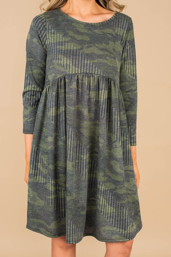 camo dress, dress, camo print, round neckline, 3/4 sleeves, ribbed fabric, comfy, classic dress, stretchy fabric 