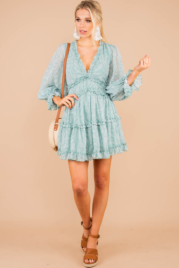 dress, v-neckline, long bubbles sleeves, ruffle detailing, open back, floral print, button down closure, full lining, seafoam, flattering, ditsy floral print