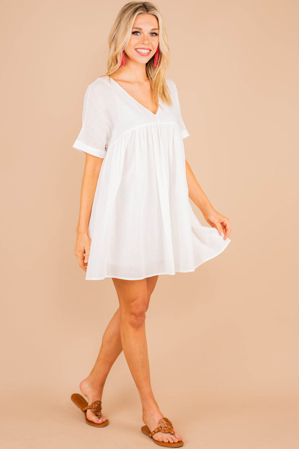 babydoll dress, dress, short sleeves, v-neckline, full lining, white, light, flowy