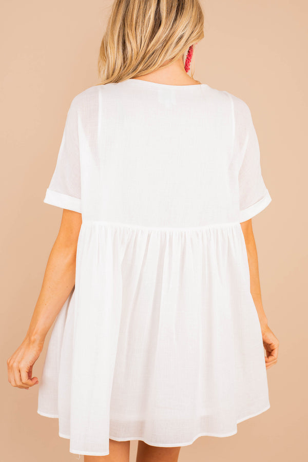 babydoll dress, dress, short sleeves, v-neckline, full lining, white, light, flowy