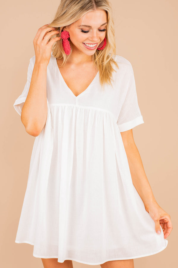 babydoll dress, dress, short sleeves, v-neckline, full lining, white, light, flowy