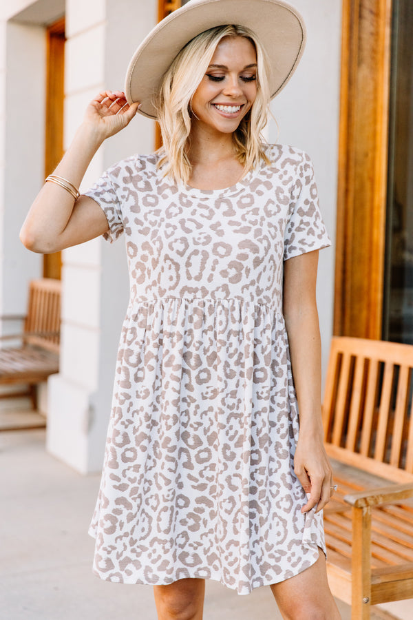 babydoll dress, taupe brown, leopard print, round neckline, short sleeves