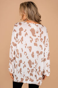 top, bubble sleeves, animal print, wide neckline, kangaroo pocket, brown, comfy