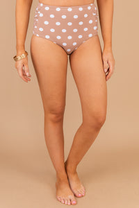 polka dots, bikini bottoms, high waisted cut, brown, polka dot bikini bottoms
