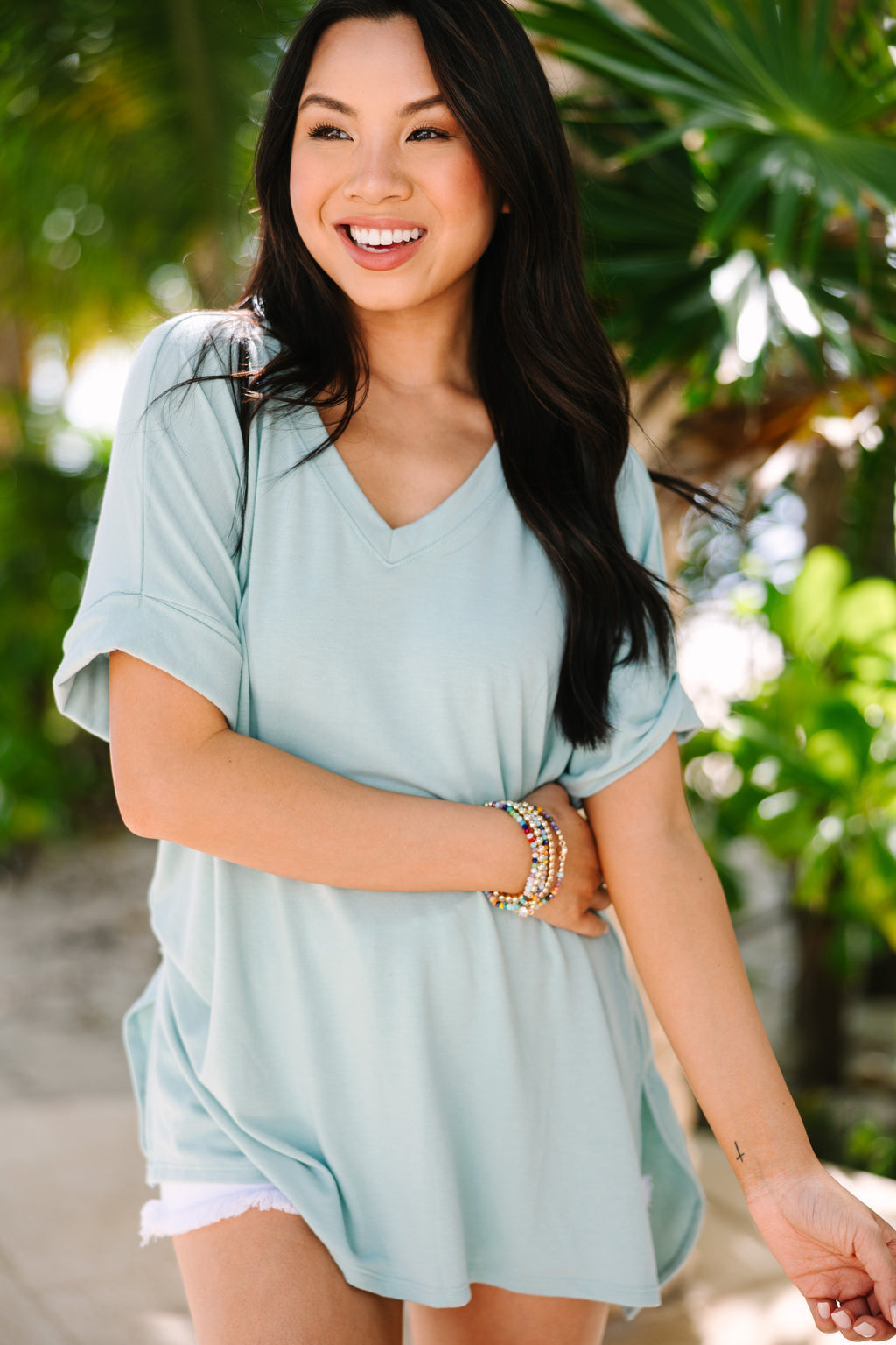 light green v neck t shirt