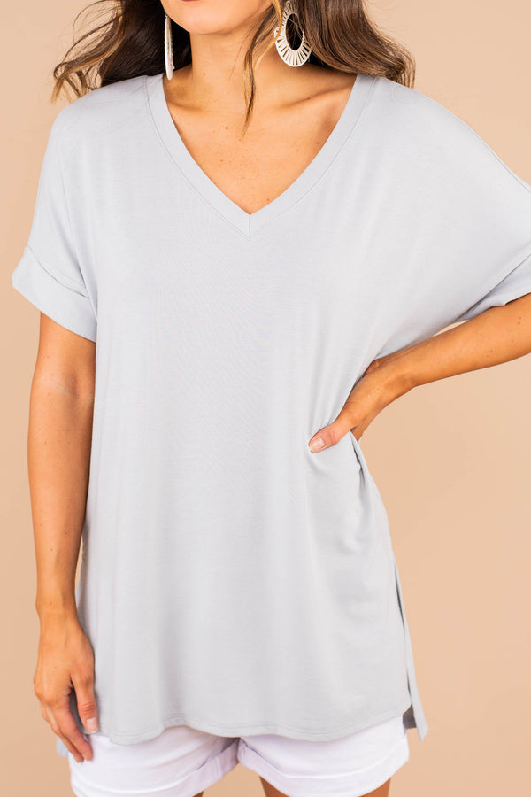 light gray v-neck top, top, shot cuffed sleeves, generous fit, light gray