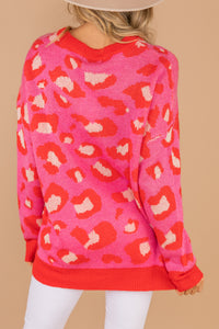 sweater, bold, pink sweater, leopard print, classic cut, long sleeves, round neckline, knit fabric, bold