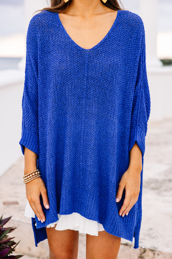 blue loose knit sweater