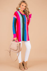 sweater, multicolor sweater, multicolor, long sleeves, round neckline, vibrant multicolored stripes, stripes, purple, striped sweater