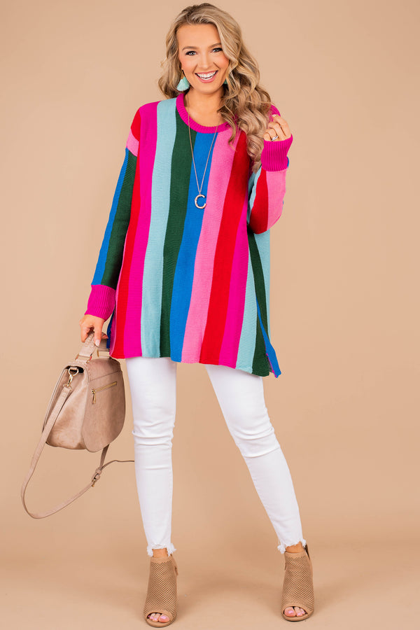 sweater, multicolor sweater, multicolor, long sleeves, round neckline, vibrant multicolored stripes, stripes, purple, striped sweater