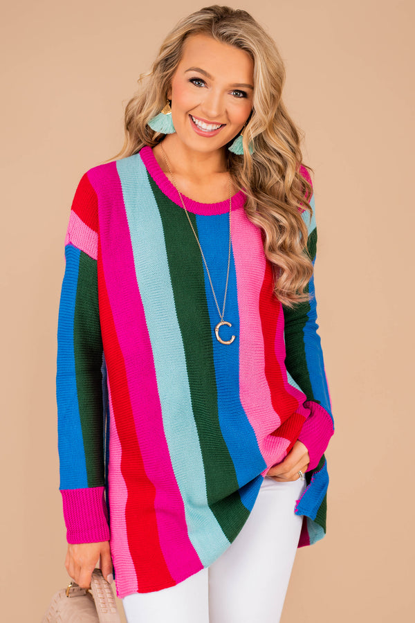 sweater, multicolor sweater, multicolor, long sleeves, round neckline, vibrant multicolored stripes, stripes, purple, striped sweater