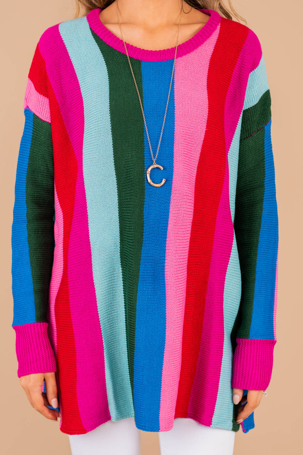 sweater, multicolor sweater, multicolor, long sleeves, round neckline, vibrant multicolored stripes, stripes, purple, striped sweater