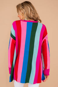 sweater, multicolor sweater, multicolor, long sleeves, round neckline, vibrant multicolored stripes, stripes, purple, striped sweater