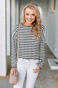 striped crop top, top, round neckline, long bell sleeves, ruffled trim, striped top, white