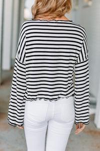 striped crop top, top, round neckline, long bell sleeves, ruffled trim, striped top, white