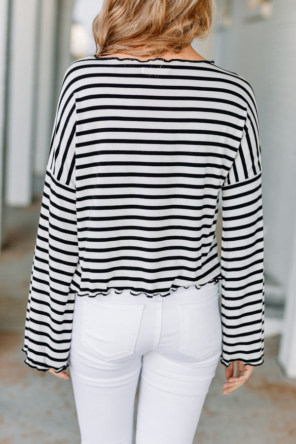 striped crop top, top, round neckline, long bell sleeves, ruffled trim, striped top, white