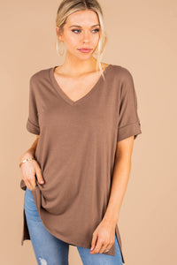 short cuffed sleeves, v-neckline, split sides, brown, top, tee, comfy, casual, generous fit