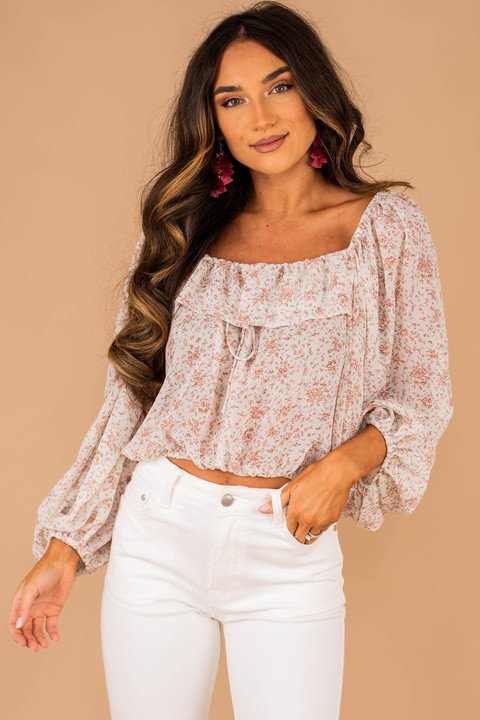 crop top, long bubble sleeves, wide ruffled neckline, floral print, elastic trim, white, feminine, blouse