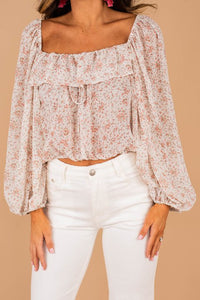 crop top, long bubble sleeves, wide ruffled neckline, floral print, elastic trim, white, feminine, blouse