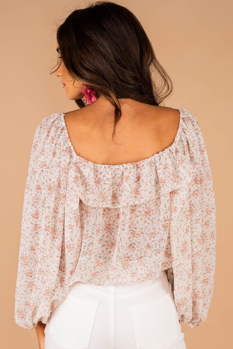 crop top, long bubble sleeves, wide ruffled neckline, floral print, elastic trim, white, feminine, blouse