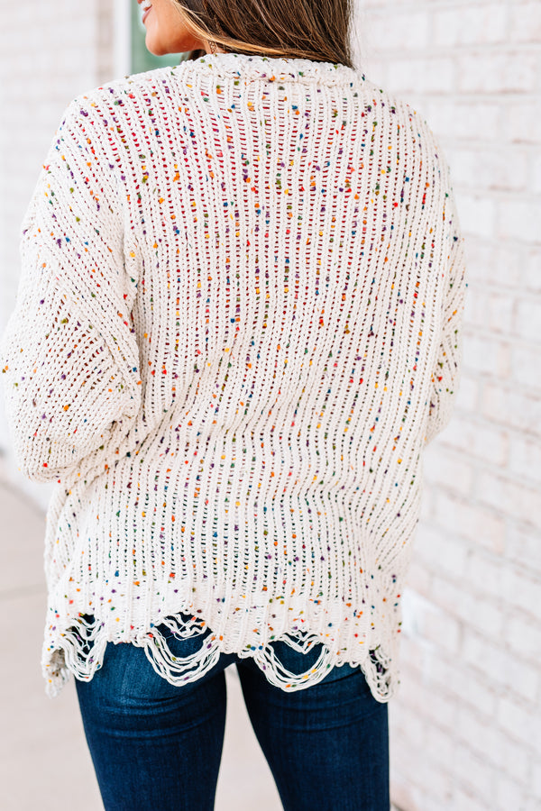 cardigan, distressing, knit confetti fabric, open front, cozy, white