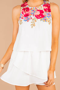 romper, sleeveless, floral embroidery, vibrant, flowy, white, round neckline