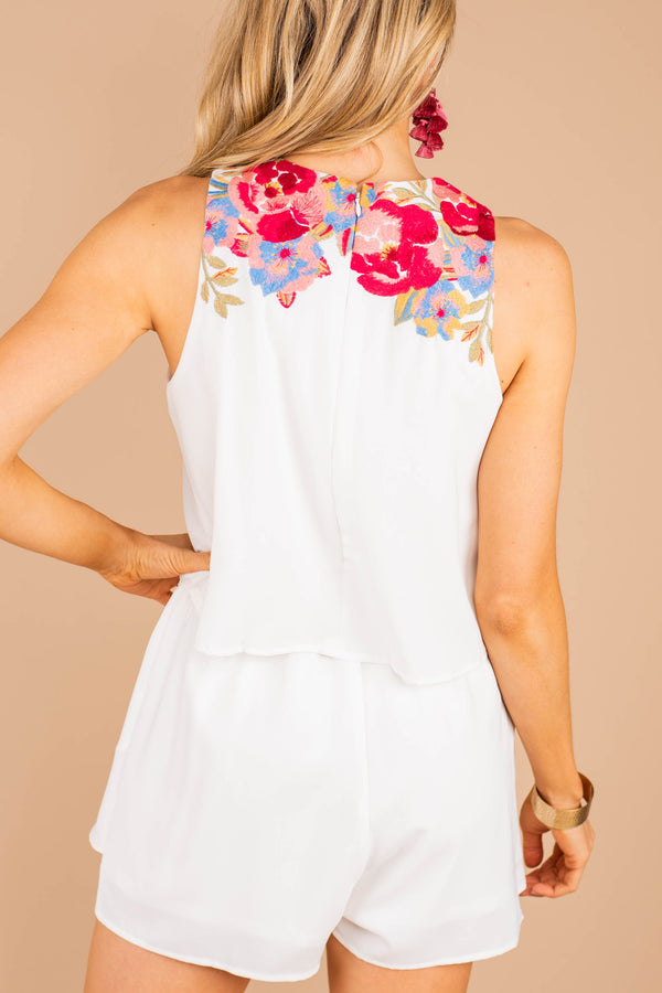 romper, sleeveless, floral embroidery, vibrant, flowy, white, round neckline