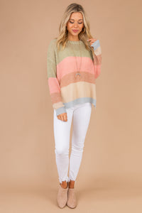 sweater, striped sweater, green, round neckline, long sleeves, chunky stripes, loose knit fabric, comfy, multicolor