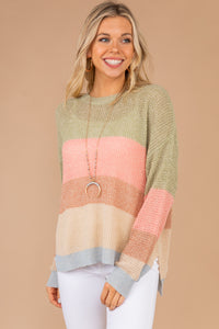 sweater, striped sweater, green, round neckline, long sleeves, chunky stripes, loose knit fabric, comfy, multicolor