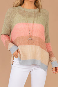 sweater, striped sweater, green, round neckline, long sleeves, chunky stripes, loose knit fabric, comfy, multicolor