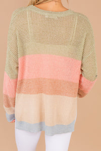 sweater, striped sweater, green, round neckline, long sleeves, chunky stripes, loose knit fabric, comfy, multicolor