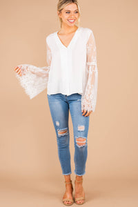 button down front, lace sleeves, white, v-neckline, white top, white