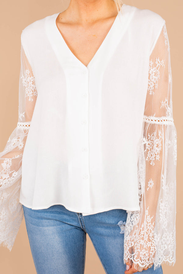 button down front, lace sleeves, white, v-neckline, white top, white