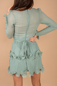 long sleeves, dress, green, surplice, v-neckline, crinkled fabric, ruffles, flattering fit