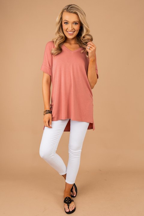 top, rose pink, v-neck top, short cuffed sleeves, generous fit, v-neckline, basics, solid