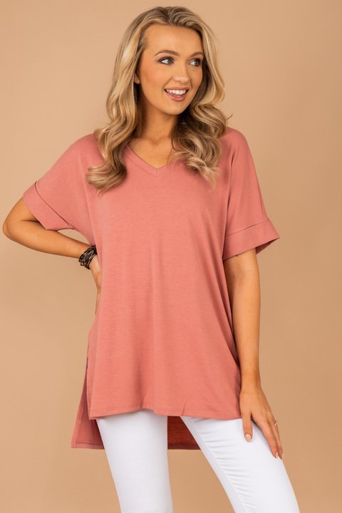 top, rose pink, v-neck top, short cuffed sleeves, generous fit, v-neckline, basics, solid