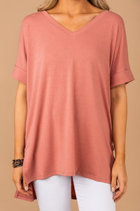 top, rose pink, v-neck top, short cuffed sleeves, generous fit, v-neckline, basics, solid