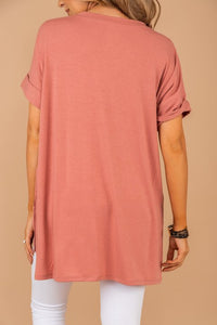 top, rose pink, v-neck top, short cuffed sleeves, generous fit, v-neckline, basics, solid