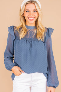 blue, top, blouse, bubble sleeves, lace detailing, swiss dot fabric, button keyhole back, ruffles, high mock neckline