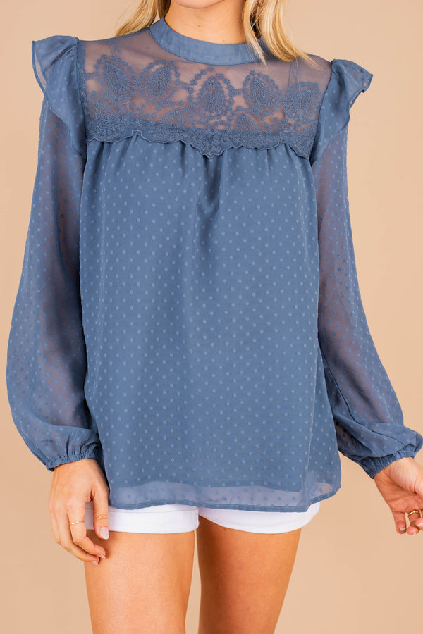 blue, top, blouse, bubble sleeves, lace detailing, swiss dot fabric, button keyhole back, ruffles, high mock neckline