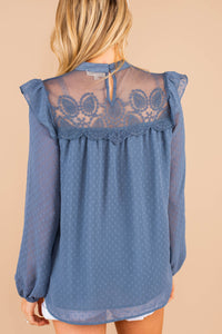 blue, top, blouse, bubble sleeves, lace detailing, swiss dot fabric, button keyhole back, ruffles, high mock neckline