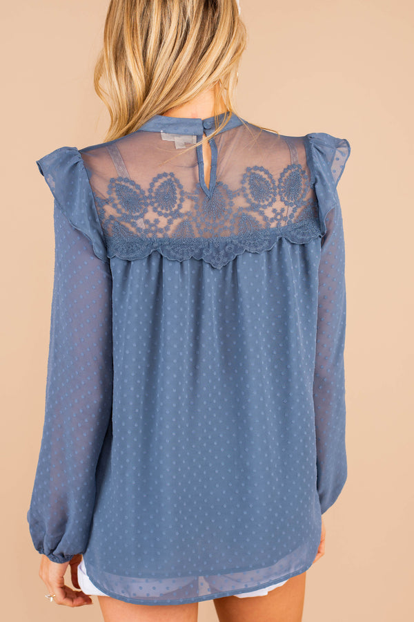 blue, top, blouse, bubble sleeves, lace detailing, swiss dot fabric, button keyhole back, ruffles, high mock neckline