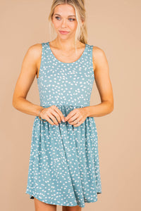 babydoll dress, dress, blue, round neckline, pockets, tank straps, spotted leopard print