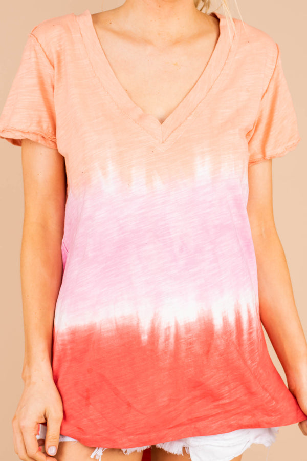 tie dye print, tie dye top, short sleeves, v-neckline, casual, orange